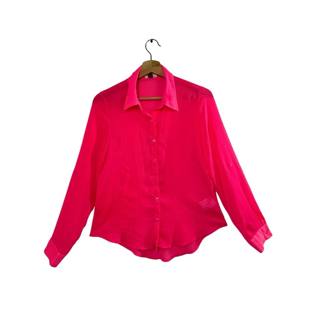 L.E.I Red Long Sleeve Button Up Shirt Size M Juniors Roll Tab Sleeve Sheer